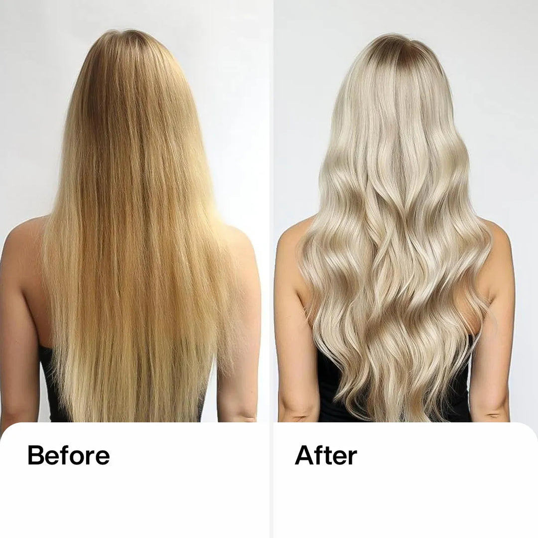 Before and after for GK Hair Lightening Powder Masque: brassy golden blonde hair, then pale icy blonde waves, back view
