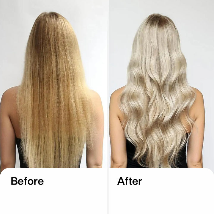 Before and after for GK Hair Lightening Powder Masque: brassy golden blonde hair, then pale icy blonde waves, back view
