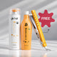 A hair care bundle featuring a white bottle of Gk Hair pH Shampoo, an orange bottle of Nano-Pigment hair color, and a yellow flat iron, with a pink starburst graphic reading 'FREE' on a light gray background.