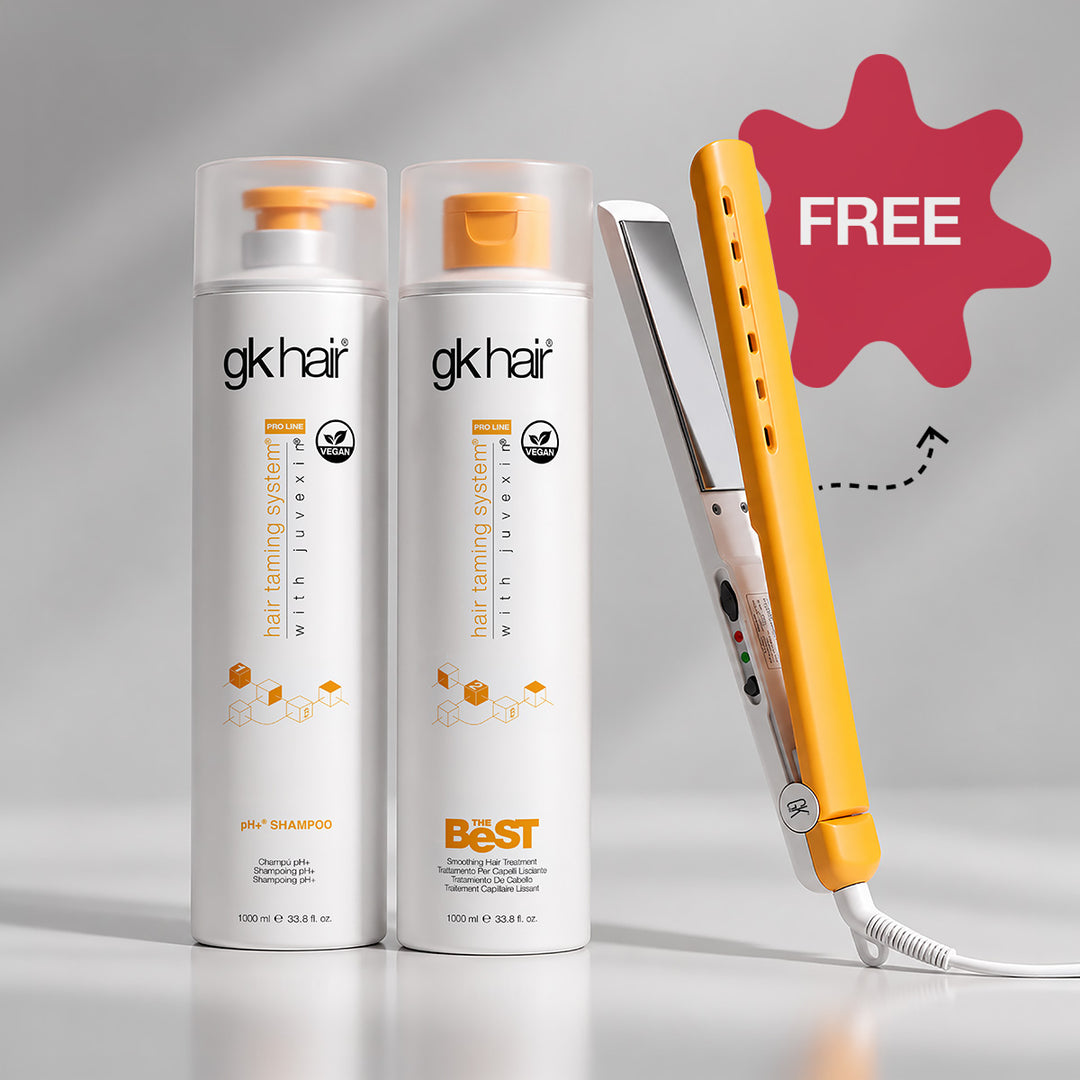 Bundle shot: gkhair pH+ Shampoo and The Best Smoothing Hair Treatment, 1000 ml each, beside a yellow flat iron marked FREE