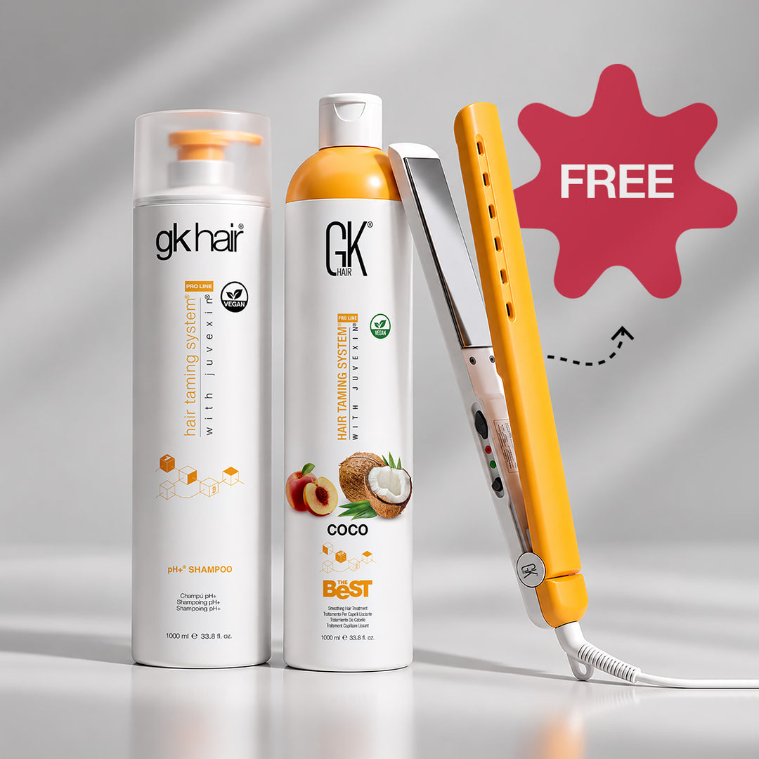 Bundle shot: gkhair pH+ Shampoo 1000 ml and The Best Coco 1000 ml beside a yellow flat iron marked FREE