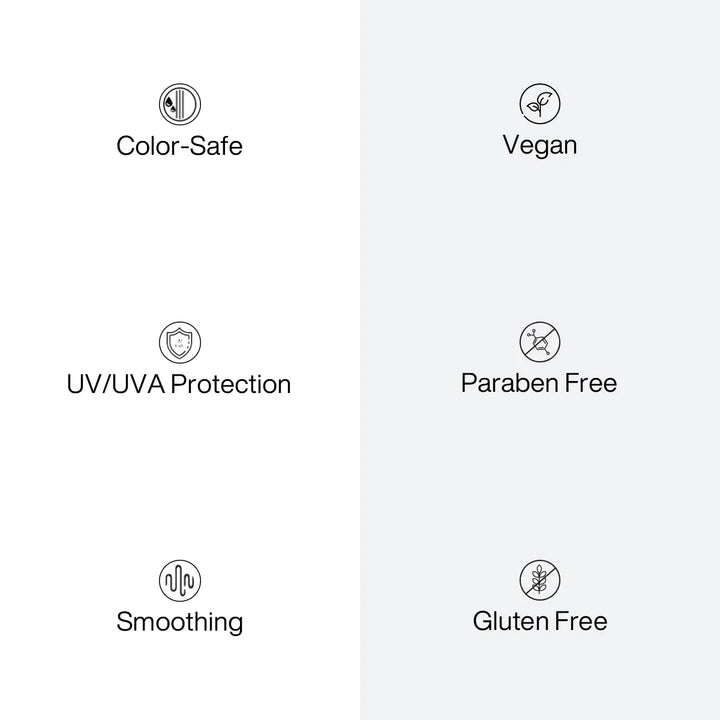 Benefit icon panel listing Color-Safe, UV/UVA Protection and Smoothing beside Vegan, Paraben Free and Gluten Free
