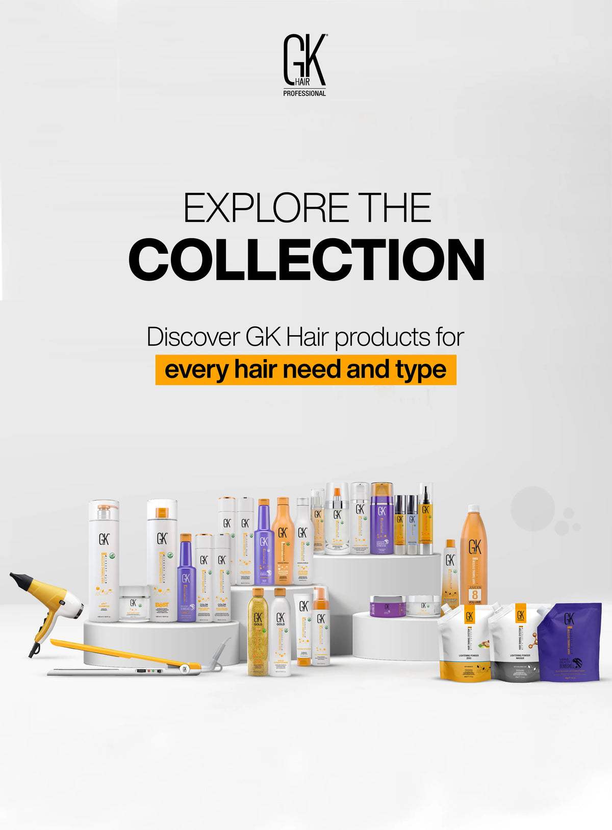 Explore the Collection: Discover GK Hair products for every hair need and type, logo above the lineup, dryer and flat iron
