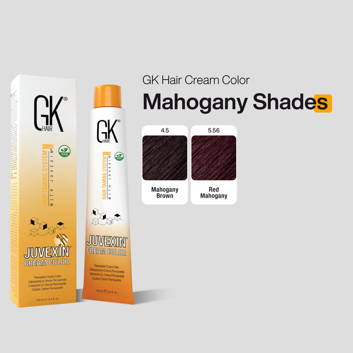 GK Hair Cream Color packaging with Mahogany Shades on a gray background