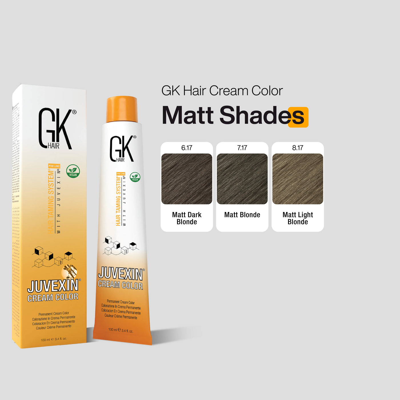 GK Hair Cream Color packaging with color swatches on a gray background