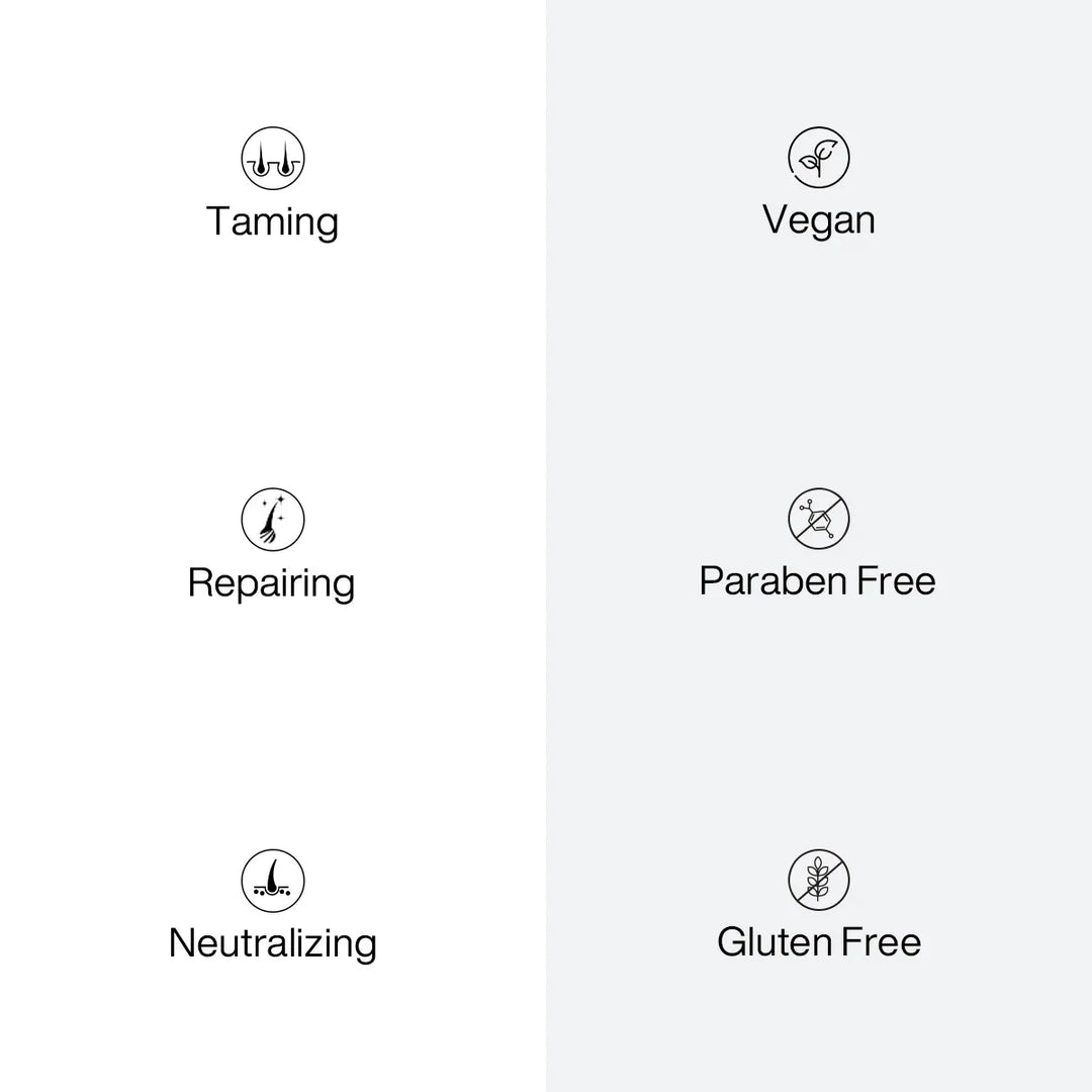 Benefit icon panel listing Taming, Repairing and Neutralizing beside Vegan, Paraben Free and Gluten Free