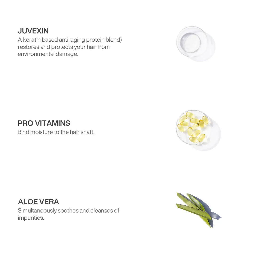 Ingredient panel: Juvexin keratin protein restores and protects, Pro Vitamins bind moisture, Aloe Vera soothes and cleanses
