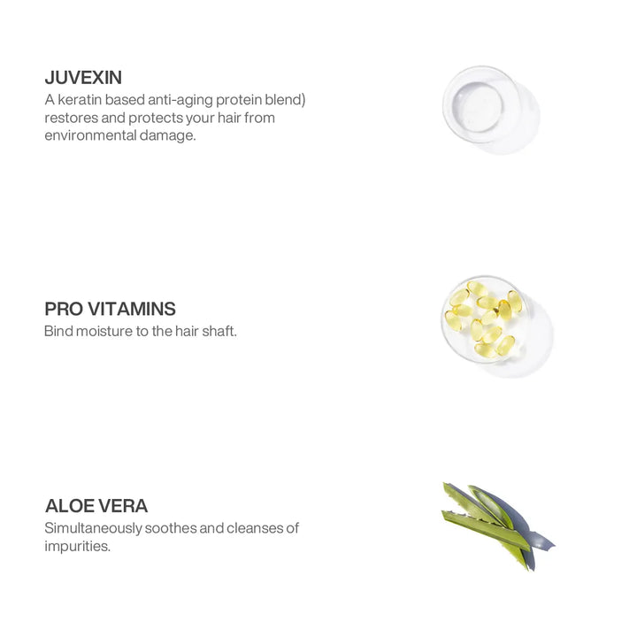 Ingredient panel: Juvexin keratin protein restores and protects, Pro Vitamins bind moisture, Aloe Vera soothes and cleanses