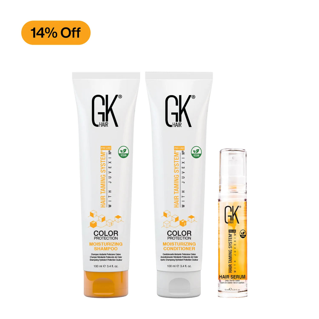 Mini Intense Moisture Pack: GK Hair Moisturizing Shampoo and Conditioner 100 ml tubes and 10 ml Hair Serum, 14% Off badge
