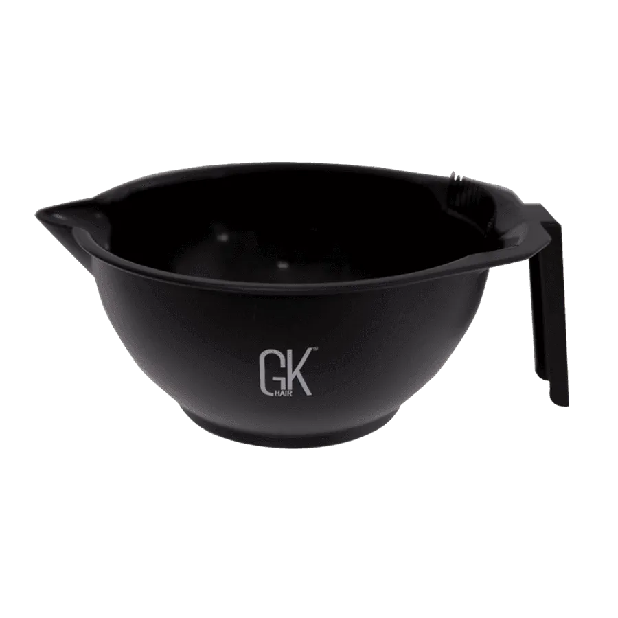 GK Hair Mixing Bowl in glossy black with a white GK Hair logo, pouring spout and flat side handle, angled view on white