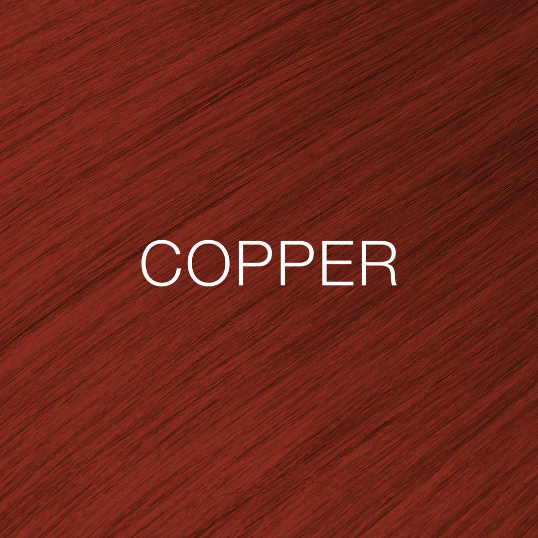 GK Hair Juvexin Cream Color Copper Mixtones swatch, glossy deep red-copper hair with COPPER in white text