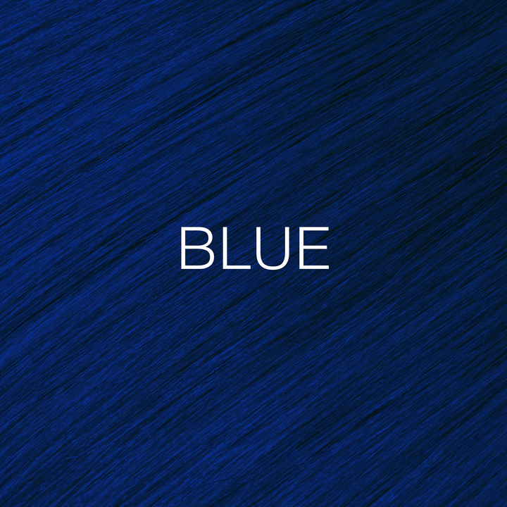 GK Hair Juvexin Cream Color Mixtones swatch of glossy deep sapphire blue hair with BLUE in white capitals