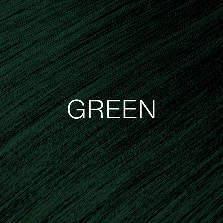 GK Hair Juvexin Cream Color Mixtones swatch of glossy deep emerald green hair with GREEN in white capitals