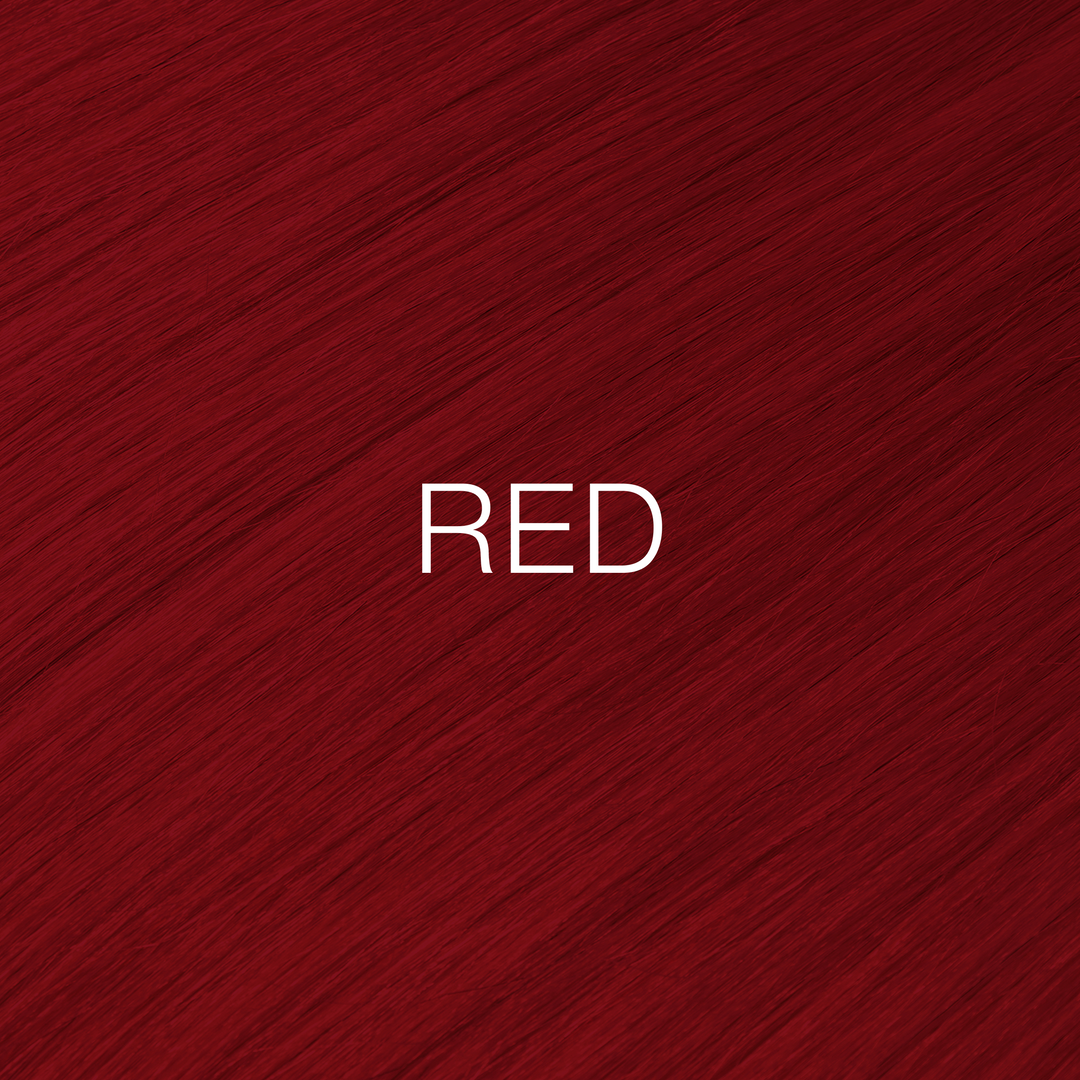 GK Hair Juvexin Cream Color Mixtones swatch of vivid crimson red hair with RED in white capitals
