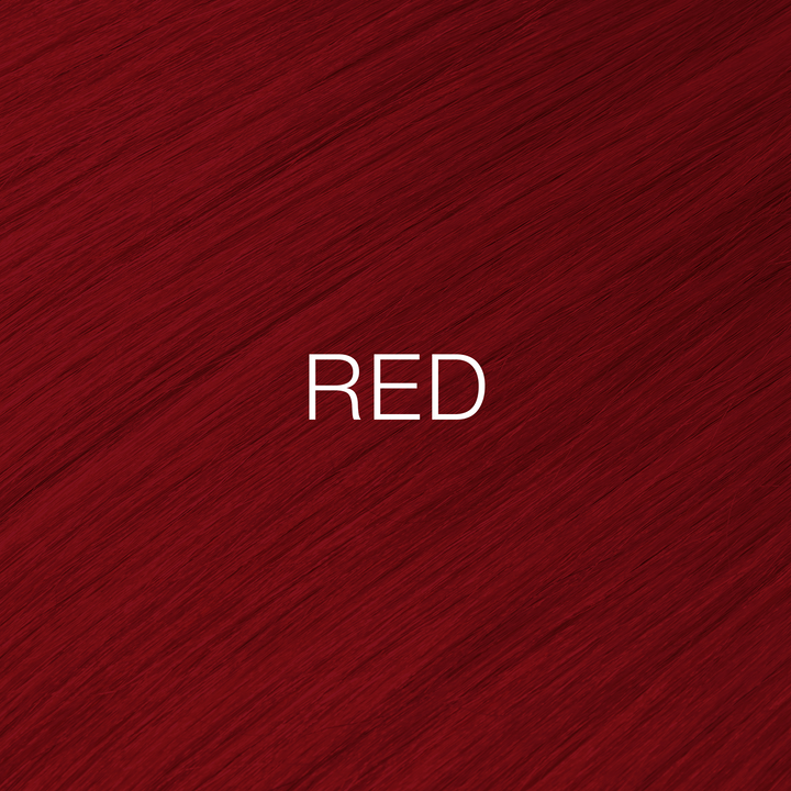 GK Hair Juvexin Cream Color Mixtones swatch of vivid crimson red hair with RED in white capitals