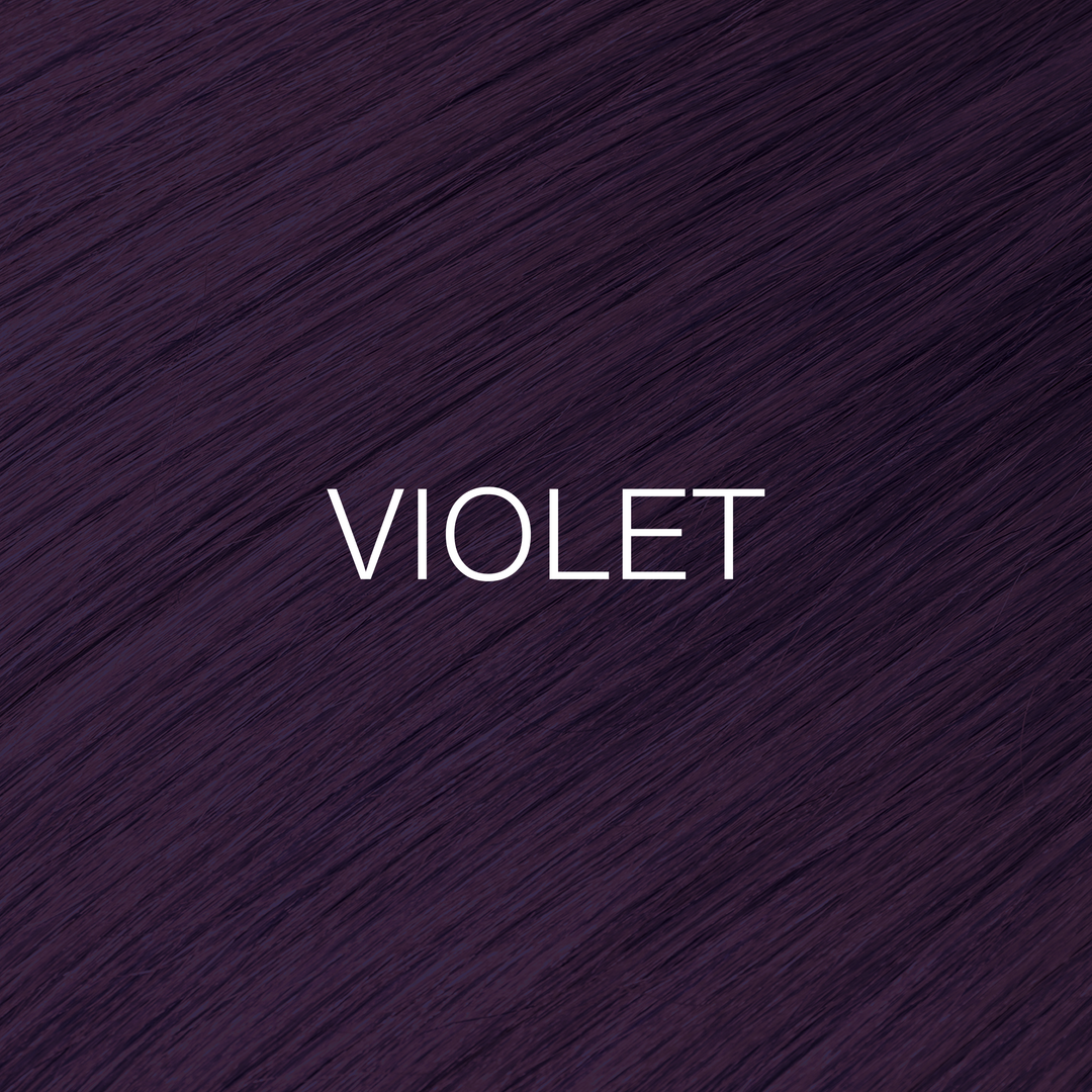 GK Hair Juvexin Cream Color Mixtones swatch of deep plum violet hair with VIOLET in white capitals