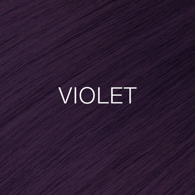 Silky hair texture showcasing the GK Hair's Juxevin Cream Color "Violet Mixtone" in bold white text.