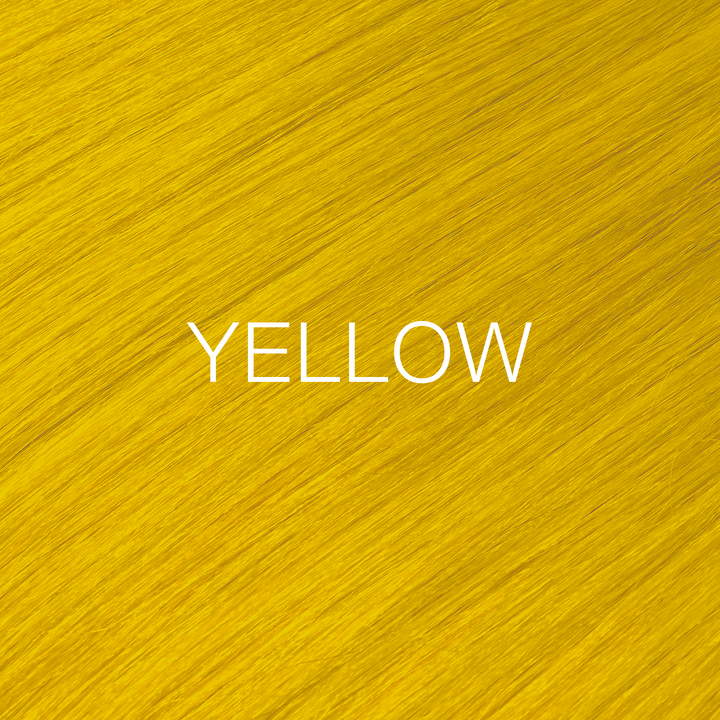 GK Hair Juvexin Cream Color Mixtones swatch of bright golden yellow hair with YELLOW in white capitals