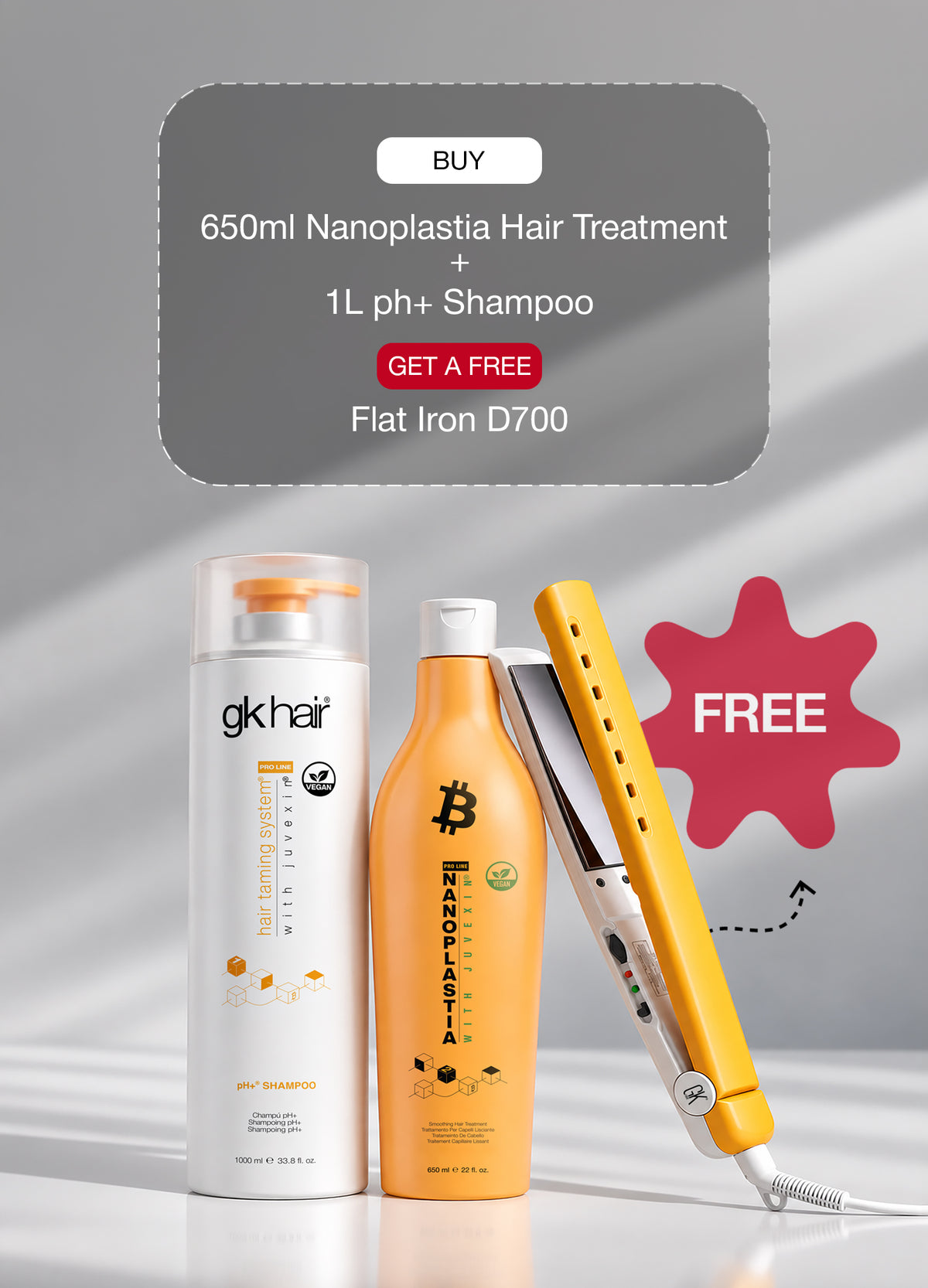 'BUY 650ml Nanoplastia Hair Treatment + 1L pH+ Shampoo, GET A FREE Flat Iron D700' banner: the two bottles beside a yellow flat iron