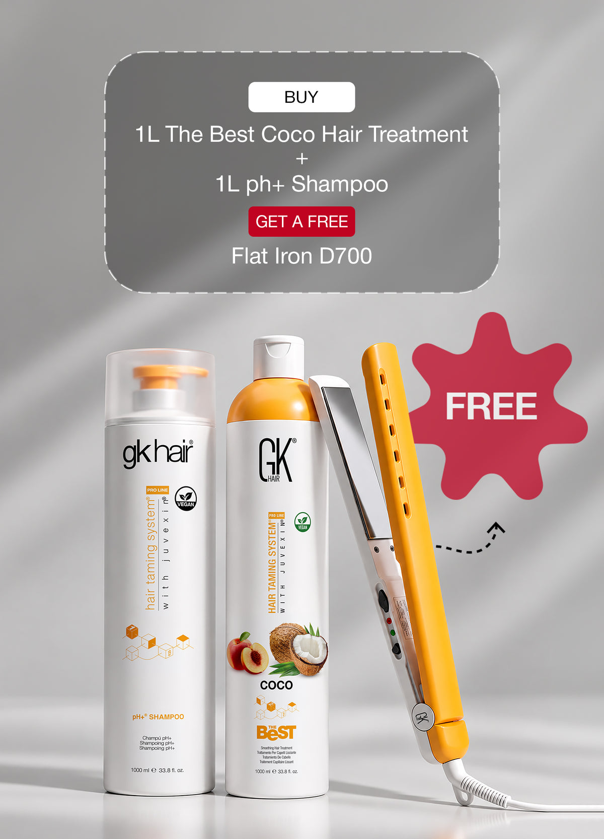 'BUY 1L The Best Coco Hair Treatment + 1L pH+ Shampoo, GET A FREE Flat Iron D700' banner: bottles beside a yellow flat iron