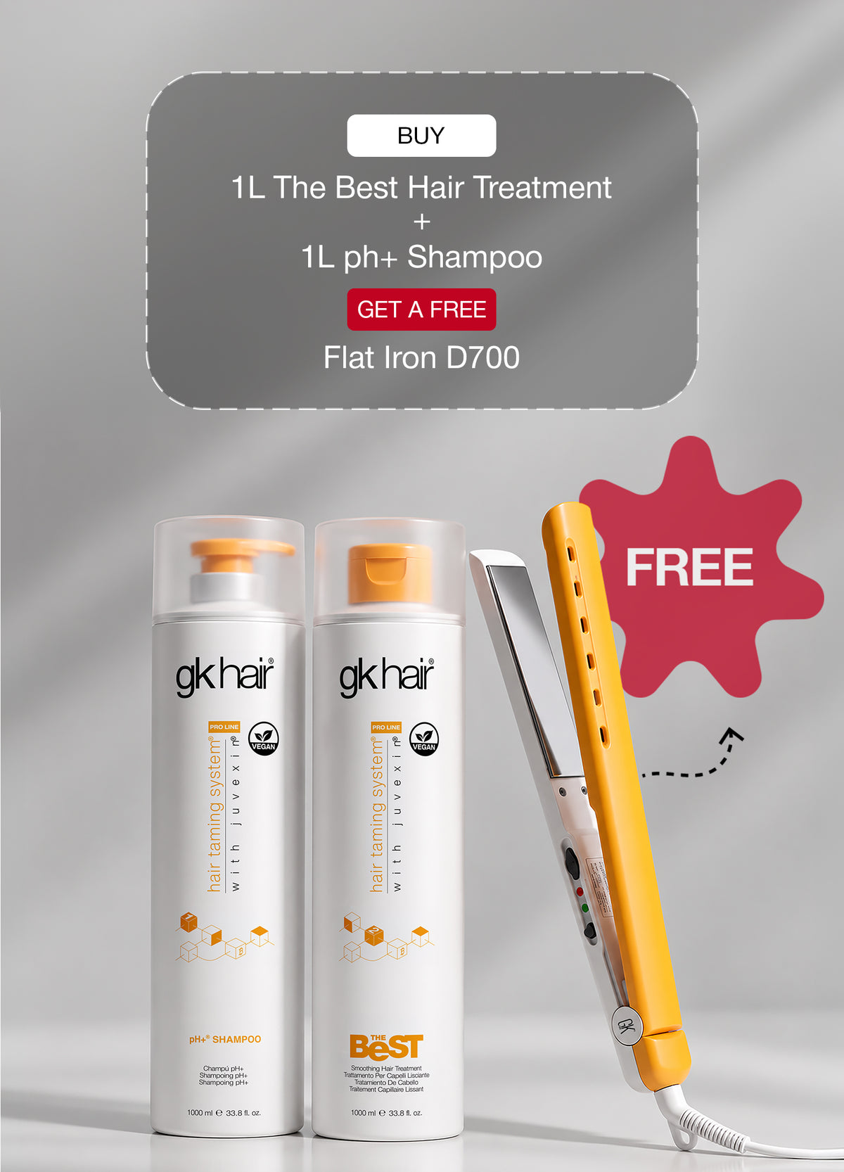 'BUY 1L The Best Hair Treatment + 1L pH+ Shampoo, GET A FREE Flat Iron D700' banner: two white bottles beside a yellow flat iron