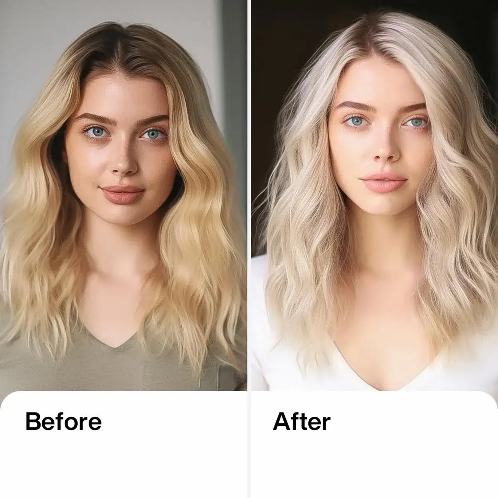 A Model Showcasing Her Hair Before After Using Moisture & Blonde Care Pack