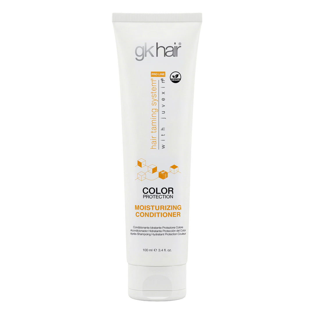GK Hair Moisturizing Conditioner 100 ml white tube, Color Protection with a vegan badge, front view on white