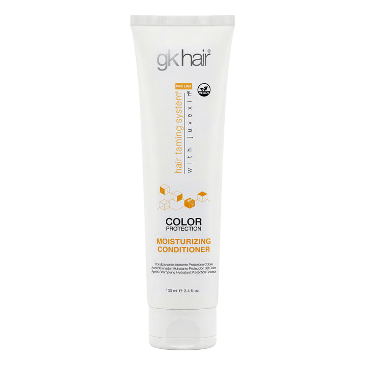 GK Hair Moisturizing Conditioner 100 ml white tube, Color Protection with a vegan badge, front view on white