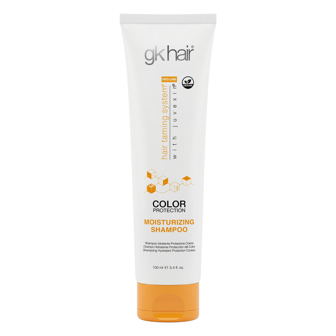GK Hair Color Protection Moisturizing Shampoo 100 ml / 3.4 fl oz white tube with an orange cap, front view on white
