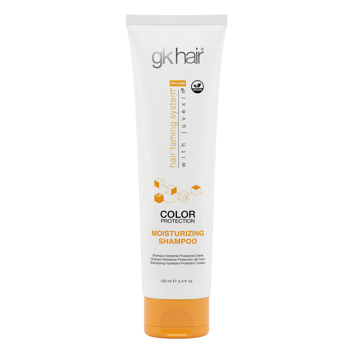 GK Hair Color Protection Moisturizing Shampoo 100 ml / 3.4 fl oz white tube with an orange cap, front view on white