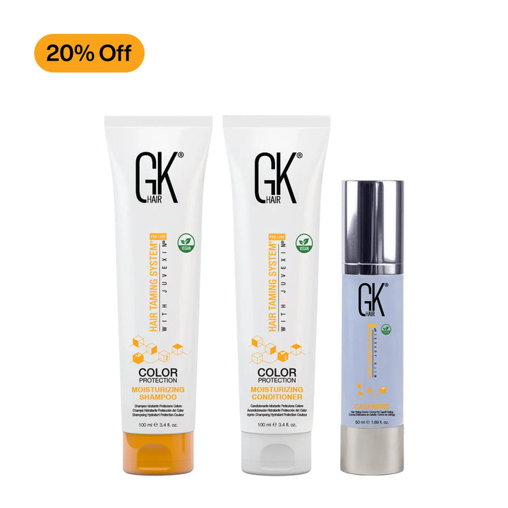 GK Hair Color Protection Moisturizing Shampoo and Conditioner 100 ml tubes with Cashmere 50 ml pump bottle, 20% Off badge