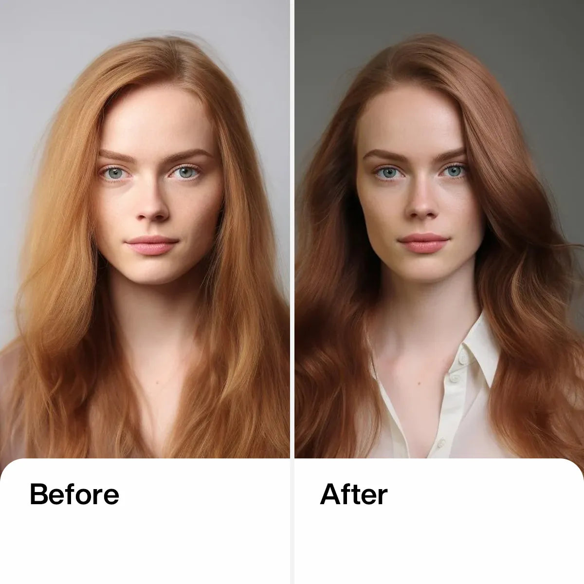 A Lady Showcasing her hair before and after using Moisturizing Duo, Cashmere