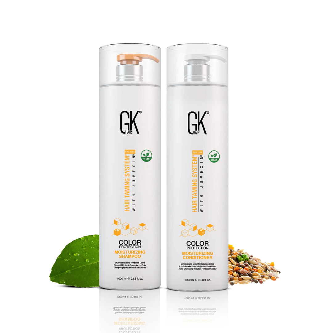 GK Hair Color Protection Moisturizing Shampoo and Conditioner 1000 ml pump bottles with a green leaf and seeds