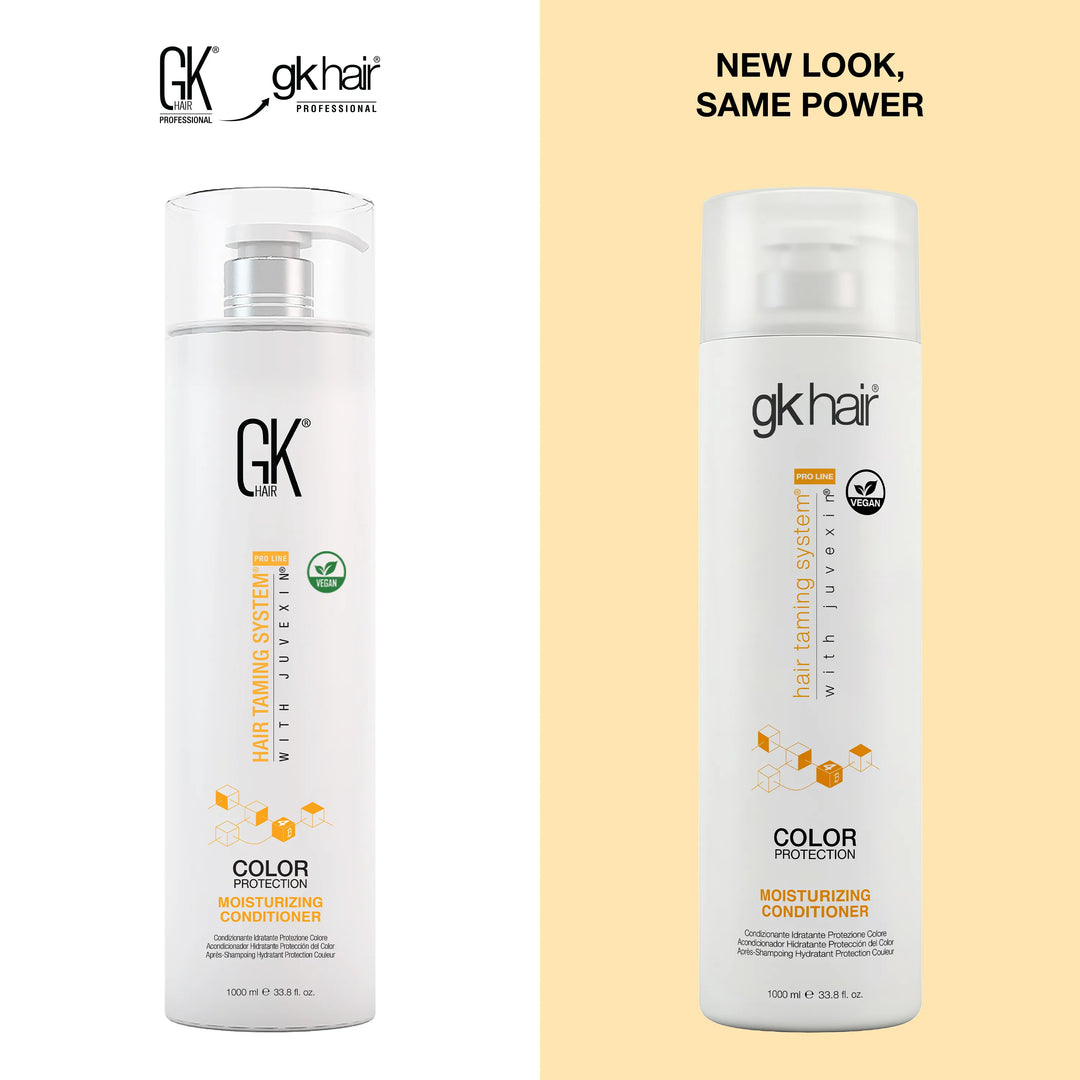 New Look, Same Power: GK Hair Moisturizing Conditioner 1000 ml, older pump bottle at left, redesigned gkhair bottle at right