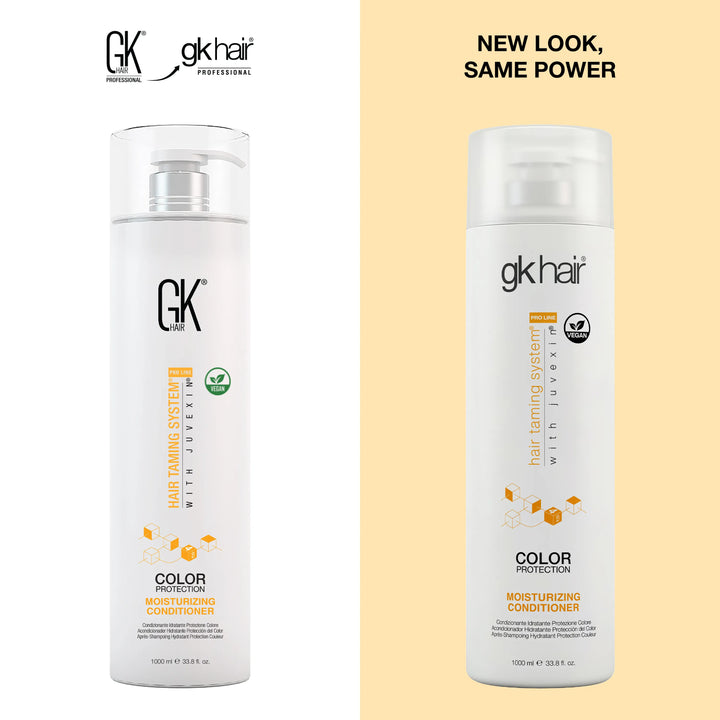 New Look, Same Power: GK Hair Moisturizing Conditioner 1000 ml, older pump bottle at left, redesigned gkhair bottle at right