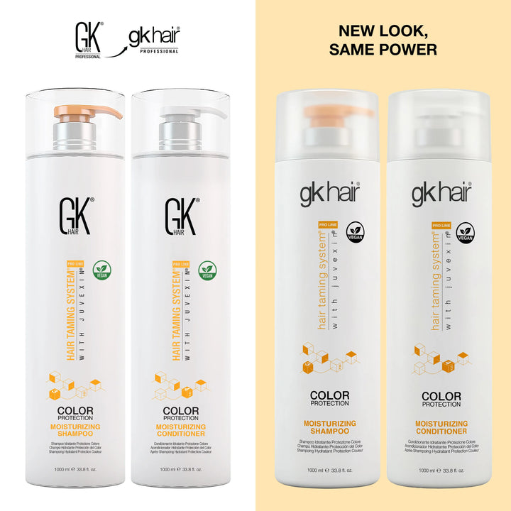 GK Hair Moisturizing Shampoo and Conditioner 1000 ml bottles, old design left, new design right, headed New Look, Same Power