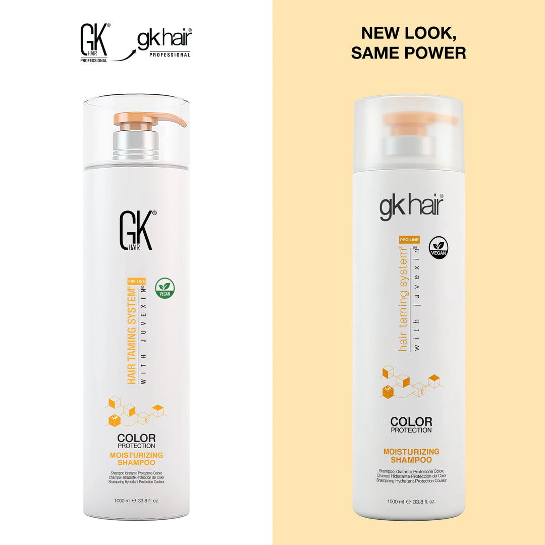 New Look, Same Power: GK Hair Moisturizing Shampoo 1000 ml, original pump bottle at left, redesigned gkhair bottle at right