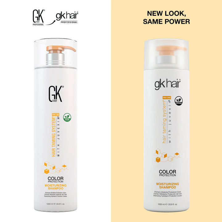 New Look, Same Power: GK Hair Moisturizing Shampoo 1000 ml, original pump bottle at left, redesigned gkhair bottle at right