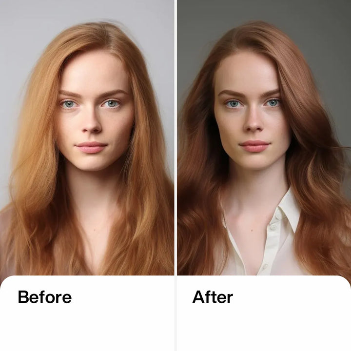 Before-and-after portrait labeled Before and After: dry, frizzy strawberry-blonde hair, then smooth, glossy auburn waves