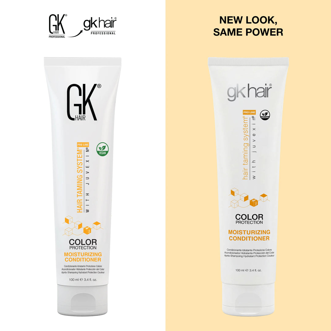 New Look, Same Power: GK Hair Moisturizing Conditioner 100 ml tube, older GK Hair label at left, new gkhair label at right