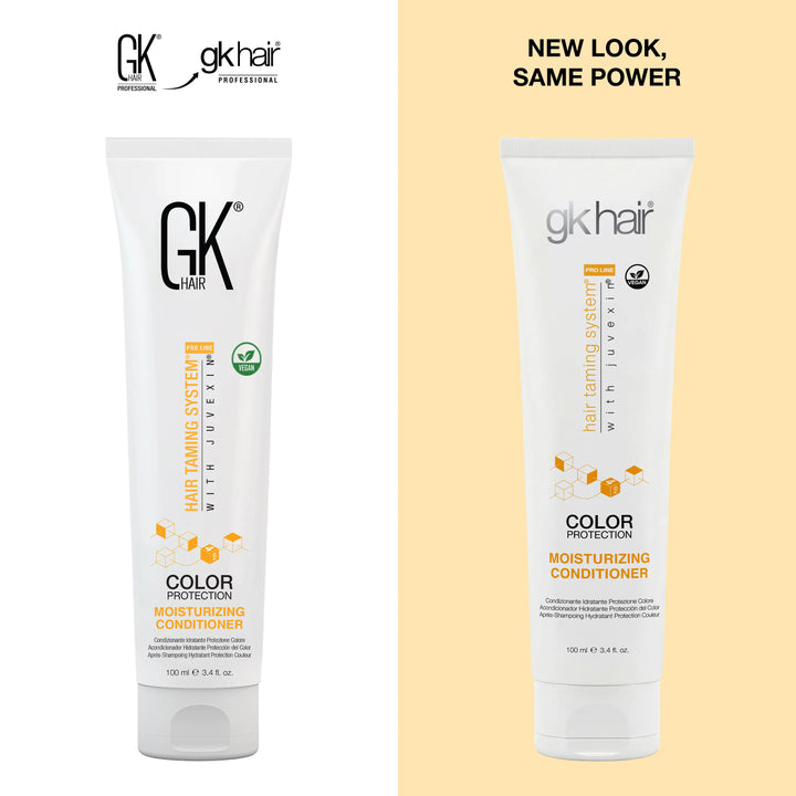 New Look, Same Power: GK Hair Moisturizing Conditioner 100 ml tube, older GK Hair label at left, new gkhair label at right