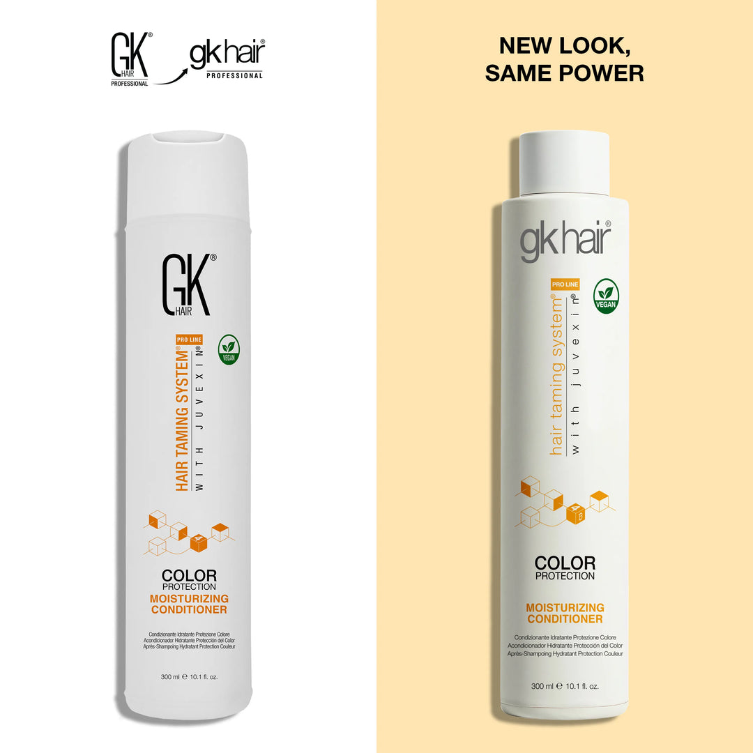 GK Hair Color Protection Moisturizing Conditioner 300 ml in old and new packaging side by side; text: New Look, Same Power