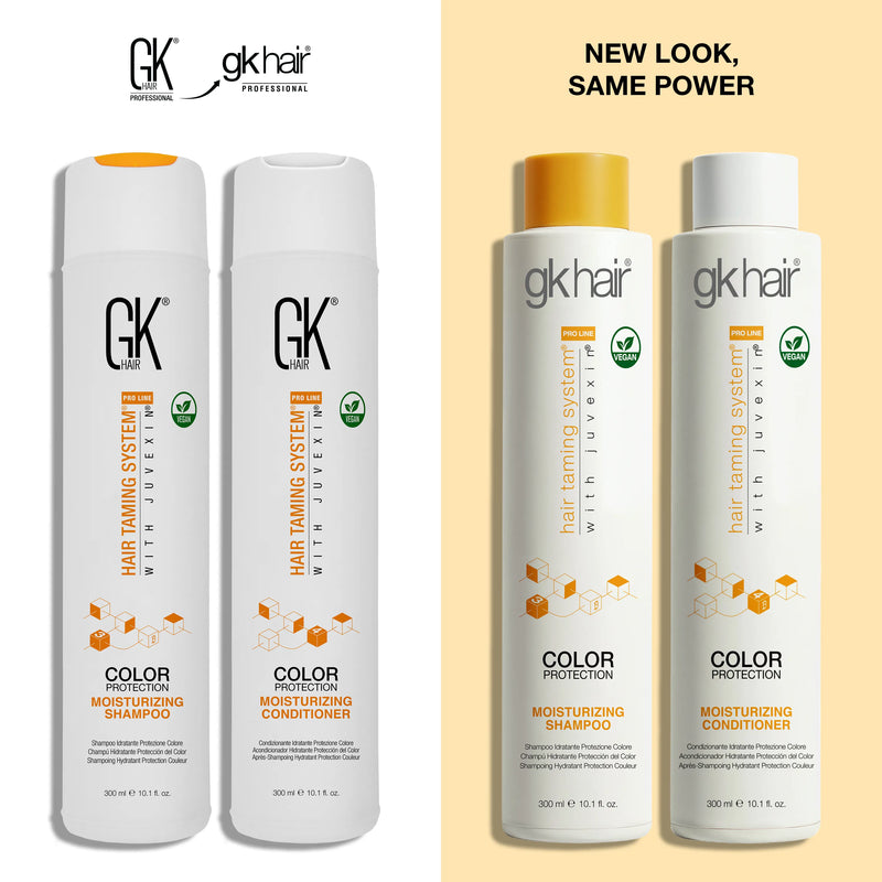 GK Hair Color Protection Moisturizing Shampoo and Conditioner 300 ml, old vs new packaging; text: New Look, Same Power
