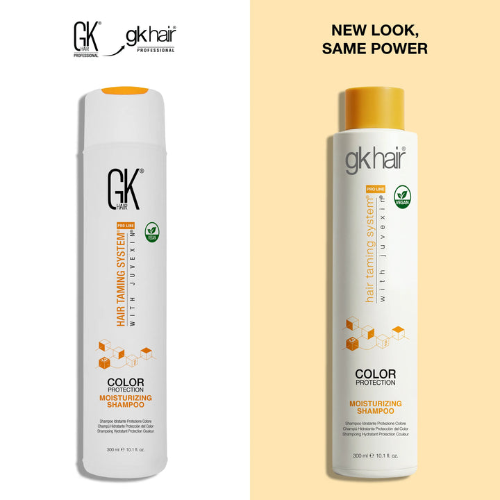 Two bottles of GK Hair Color Protection Moisturizing Shampoo on a beige background with brand logo and text.