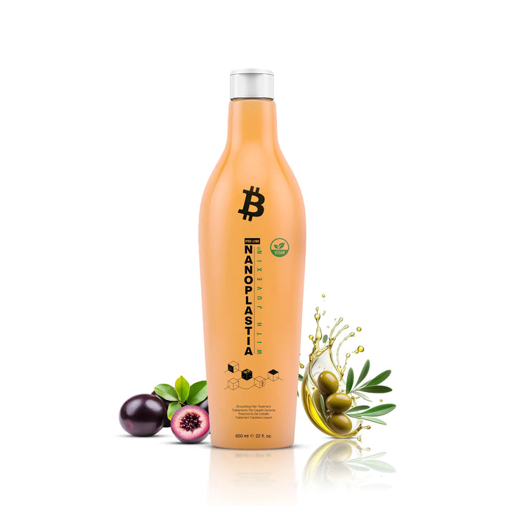GK Hair Nanoplastia with Juvexin smoothing hair treatment, 650 ml peach bottle beside purple fruit and splashing olive oil