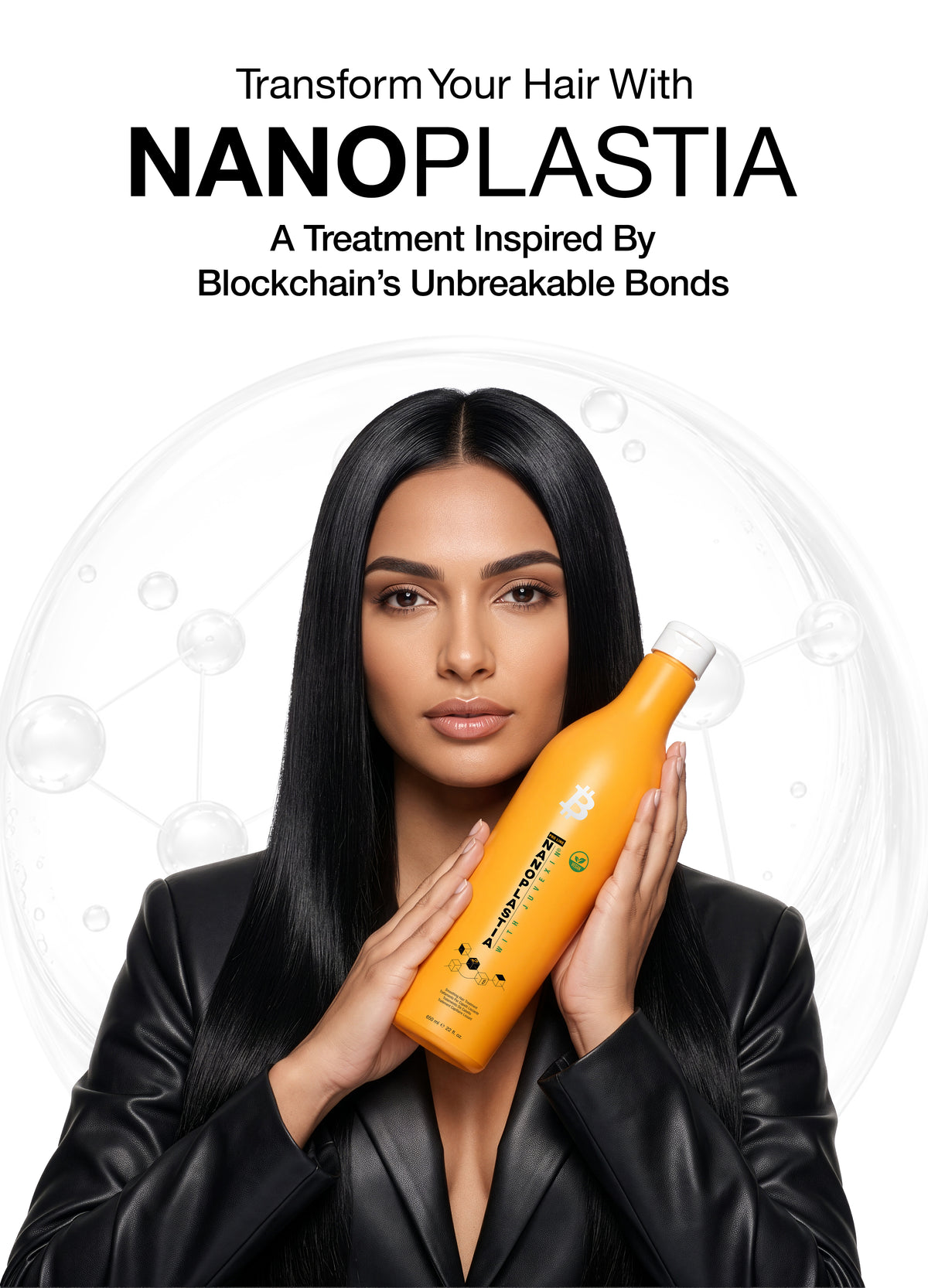 Banner 'Transform Your Hair With NANOPLASTIA, A Treatment Inspired By Blockchain's Unbreakable Bonds': woman holding the orange bottle