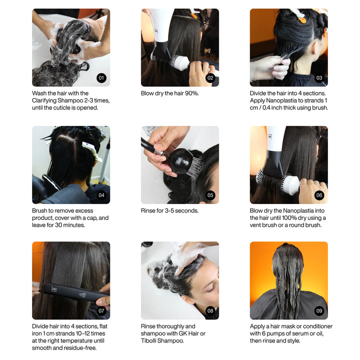 Step-by-step hair care instructions with images of hair washing, blow-drying, and styling.