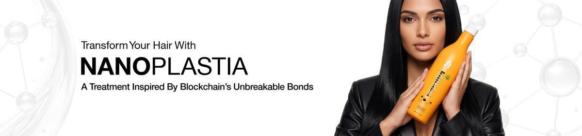 Wide banner 'Transform Your Hair With NANOPLASTIA, A Treatment Inspired By Blockchain's Unbreakable Bonds': woman holding the orange bottle