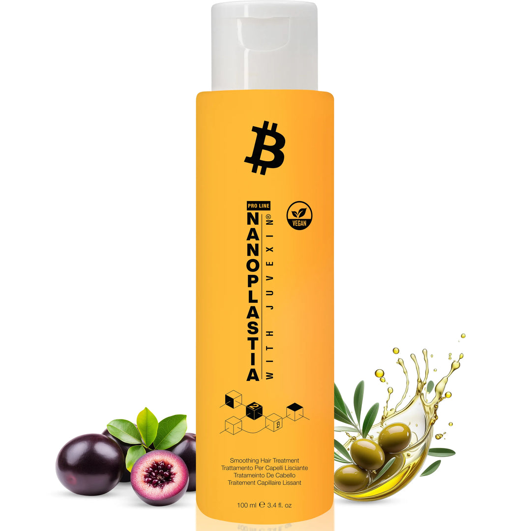 GK Hair Nanoplastia with Juvexin smoothing hair treatment, 100 ml orange bottle beside purple fruit, olives and oil splash