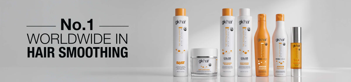 Wide 'No.1 WORLDWIDE IN HAIR SMOOTHING' banner: The Best, Deep Conditioner, Color Protection duo, Juvexin Shield duo and Hair Serum